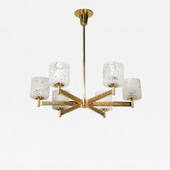 Mid Century Brutalist Six Arm Textural Brass Mottled Glass Chandelier - 4237986