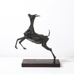 Mid Century Brutalist Welded Bronze Sculpture of a Leaping Goat on Wood Base - 4377167