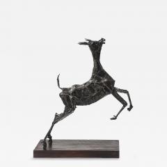 Mid Century Brutalist Welded Bronze Sculpture of a Leaping Goat on Wood Base - 4379208