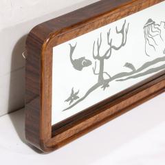 Mid Century Burled Walnut Bordered Mirror W Graphic Acid Etched Oceanic Motif - 4304122