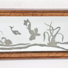 Mid Century Burled Walnut Bordered Mirror W Graphic Acid Etched Oceanic Motif - 4304126