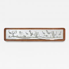 Mid Century Burled Walnut Bordered Mirror W Graphic Acid Etched Oceanic Motif - 4305739
