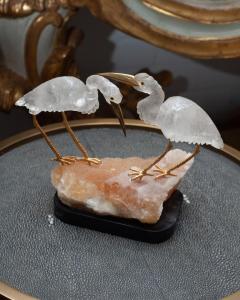 Mid Century Carved Rock Crystal Crane Pair with Orange Calcite and Marble Base - 2748375