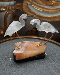 Mid Century Carved Rock Crystal Crane Pair with Orange Calcite and Marble Base - 2748377