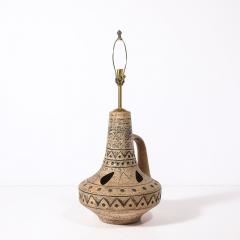 Mid Century Ceramic Table Lamp w Geometric Umber Motifs Organic Cutout Detail - 4403176
