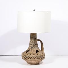 Mid Century Ceramic Table Lamp w Geometric Umber Motifs Organic Cutout Detail - 4403180