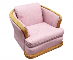 Mid Century Coastal Modern Rattan Club or Lounge Chair with Pink Fabric - 3114276