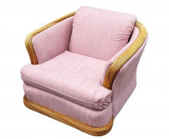 Mid Century Coastal Modern Rattan Club or Lounge Chair with Pink Fabric - 3114285