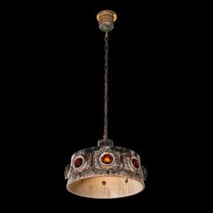 Mid Century Cool Umber Glazed Ceramic Pendant Chandelier with Amber Glass Detail - 4376936