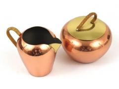 Mid Century Copper Brass Milk Creamer and Sugar Bowl with Lid Austria 1950s - 4042301