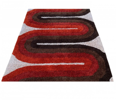 Mid Century Danish Style Rya Area Shag Rug in Red Orange Modern Wave Design - 2567931