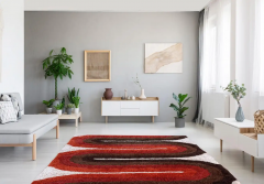 Mid Century Danish Style Rya Area Shag Rug in Red Orange Modern Wave Design - 2567939