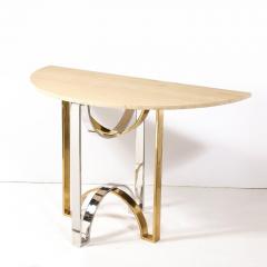 Mid Century Demilune Travertine Marble Top w Brass Chrome Base Console Table - 3276023