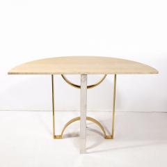 Mid Century Demilune Travertine Marble Top w Brass Chrome Base Console Table - 3276103