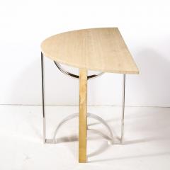 Mid Century Demilune Travertine Marble Top w Brass Chrome Base Console Table - 3276105