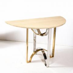 Mid Century Demilune Travertine Marble Top w Brass Chrome Base Console Table - 3276111