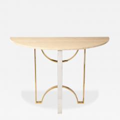 Mid Century Demilune Travertine Marble Top w Brass Chrome Base Console Table - 3281354