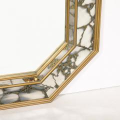 Mid Century Elongated Octagonal Smoked Antiqued Gold Vein Mirror w Gilt Wood - 3861460