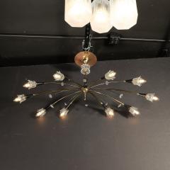 Mid Century Expansive Patinated Brass Enamel Sputnik Chandelier w Florets - 3819389
