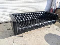 Mid Century Faux Black Leather Jack Cartwright Tufted Even Arm Sofa - 3877627