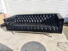 Mid Century Faux Black Leather Jack Cartwright Tufted Even Arm Sofa - 3877646