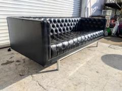 Mid Century Faux Black Leather Jack Cartwright Tufted Even Arm Sofa - 3877648