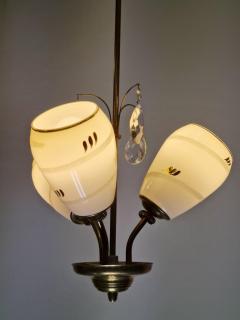 Mid Century Finnish Design Lamp in Brass Hand Painted Glass and Crystals 1950s - 3950973