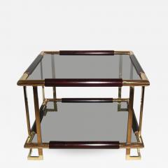 Mid Century French Brass Wood and Smoked Glass Side Table - 508611