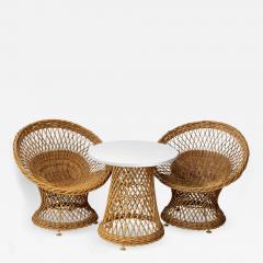 Mid Century French Pair of Wicker Chairs with Side Table - 2791112