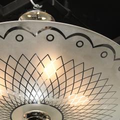 Mid Century Frosted Glass Chandelier with Geometric Motif Chrome Fittings - 4233508