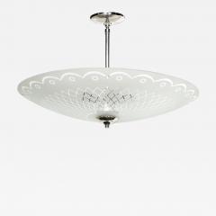 Mid Century Frosted Glass Chandelier with Geometric Motif Chrome Fittings - 4236167
