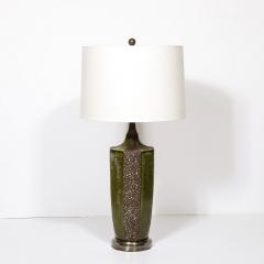 Mid Century Green Umber Ceramic Lava Glaze Table Lamp w Antiqued Fittings - 3861323