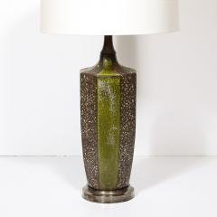 Mid Century Green Umber Ceramic Lava Glaze Table Lamp w Antiqued Fittings - 3861327