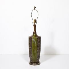 Mid Century Green Umber Ceramic Lava Glaze Table Lamp w Antiqued Fittings - 3861370