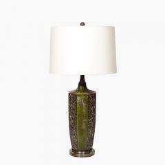 Mid Century Green Umber Ceramic Lava Glaze Table Lamp w Antiqued Fittings - 3861396