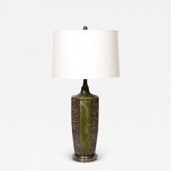 Mid Century Green Umber Ceramic Lava Glaze Table Lamp w Antiqued Fittings - 3864460