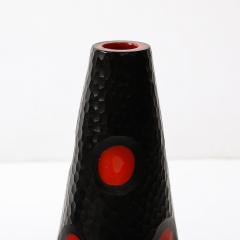 Mid Century Hand Blown Black W Vermillion Detailing Murano Battuto Glass Vase - 3861293