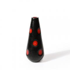 Mid Century Hand Blown Black W Vermillion Detailing Murano Battuto Glass Vase - 3861313
