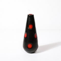 Mid Century Hand Blown Black W Vermillion Detailing Murano Battuto Glass Vase - 3861317