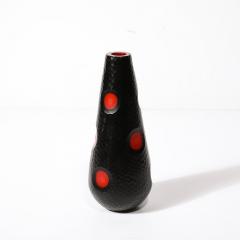 Mid Century Hand Blown Black W Vermillion Detailing Murano Battuto Glass Vase - 3861318