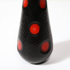 Mid Century Hand Blown Black W Vermillion Detailing Murano Battuto Glass Vase - 3861319
