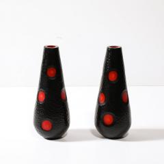 Mid Century Hand Blown Black W Vermillion Detailing Murano Battuto Glass Vases - 3861288