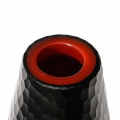 Mid Century Hand Blown Black W Vermillion Detailing Murano Battuto Glass Vases - 3861292