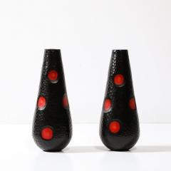 Mid Century Hand Blown Black W Vermillion Detailing Murano Battuto Glass Vases - 3861298