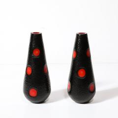 Mid Century Hand Blown Black W Vermillion Detailing Murano Battuto Glass Vases - 3861300