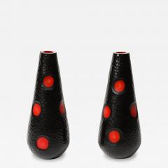 Mid Century Hand Blown Black W Vermillion Detailing Murano Battuto Glass Vases - 3864455