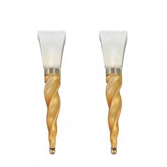 Mid Century Hand Blown Murano Frosted Glass Sconces with Spiral Amber Drop - 4719763