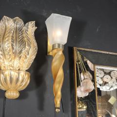 Mid Century Hand Blown Murano Frosted Glass Sconces with Spiral Amber Drop - 4719764