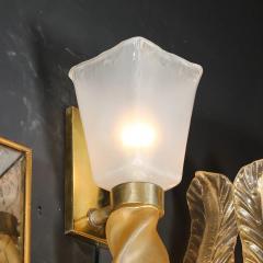 Mid Century Hand Blown Murano Frosted Glass Sconces with Spiral Amber Drop - 4719765
