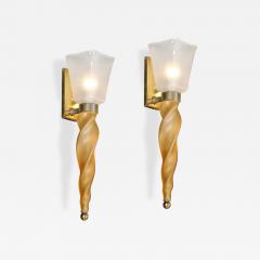Mid Century Hand Blown Murano Frosted Glass Sconces with Spiral Amber Drop - 4719844